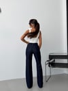 Lacivert Simli Yüksek Bel Wide Leg Jean Pantolon Kadın Parlak Denim Pantolon