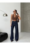 Lacivert Yüksek Bel Geniş Paça Denim Jean
