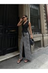 Leopar Desen Kontrast Panel Yırtmaçlı Maxi Denim Etek