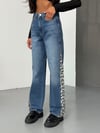 Mavi Jean ve Leopar Detaylı Modern Bol Paça Kot Pantolon
