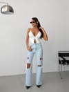 Nakış Detaylı Yırtık Paça Wide Leg Yüksek Bel Jean