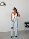 Nakış Detaylı Yırtık Paça Wide Leg Yüksek Bel Jean