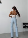 Nakış Detaylı Yırtık Paça Wide Leg Yüksek Bel Jean