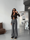 Siyah Zebra Desenli Wide Leg Denim Pantolon