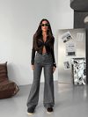 Siyah Zebra Desenli Wide Leg Denim Pantolon