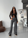 Siyah Zebra Desenli Wide Leg Denim Pantolon