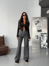 Siyah Zebra Desenli Wide Leg Denim Pantolon