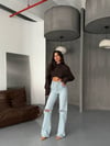 V Bel Tasarım Çoklu Düğmeli Wide Leg Jean