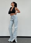 Yan Şerit Püsküllü Paçası Yırtmaçlı Geniş Paça Pamuklu Denim Pantolon