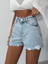 Yüksek Bel %100 Pamuklu Eskitme Detaylı Denim Şort - Premium Jean Shorts