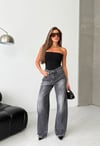 Yüksek Bel Arka Yırtıklı Wide Leg Denim Pantolon