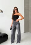 Yüksek Bel Arka Yırtıklı Wide Leg Denim Pantolon