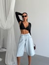 Yüksek Bel Bermuda Jean Şort Kadın Oversize Denim Şort Yırtık Detaylı