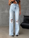 Yüksek Bel Dizleri Yırtık Detaylı Wide Leg Jean