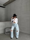 Yüksek Bel Dizleri Yırtık Wide Leg Jean Pantolon