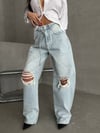 Yüksek Bel Dizleri Yırtık Wide Leg Jean Pantolon
