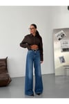 Yüksek Bel Geniş Paça Mavi Denim Jean Pantolon