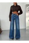 Yüksek Bel Geniş Paça Mavi Denim Jean Pantolon
