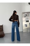 Yüksek Bel Geniş Paça Mavi Denim Jean Pantolon