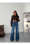 Yüksek Bel Geniş Paça Mavi Denim Jean Pantolon