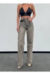 Yüksek Bel Gri Yıkamalı Straight Fit Denim Pantolon