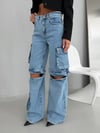 Yüksek Bel Kargo Cepli Parçalı (Detachable) Bol Paça Jean Pantolon