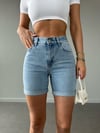 Yüksek Bel Kıvrık Paça Pamuklu Denim Bermuda Şort