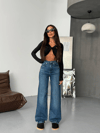 Yüksek Bel Klasik Mavi Düz Paça Denim Pantolon