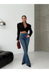 Yüksek Bel Klasik Mavi İspanyol Paça Kadın Denim Pantolon