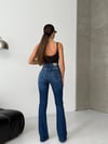Yüksek Bel Koyu Mavi İspanyol Paça Kadın Denim Pantolon