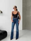 Yüksek Bel Koyu Mavi İspanyol Paça Kadın Denim Pantolon