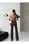 Yüksek Bel Ön Cepli Geniş Paça Kahve Denim Pantolon