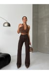 Yüksek Bel Ön Cepli Geniş Paça Kahve Denim Pantolon