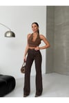 Yüksek Bel Ön Cepli Geniş Paça Kahve Denim Pantolon