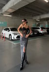 Yüksek Bel Ön Yırtmaçlı Lıkralı Denim Maxi Etek