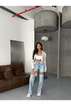 Yüksek Bel Önü Yırtık ve Yırtmaç Detaylı Jean