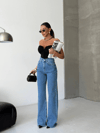 Yüksek Bel Paça Püsküllü Geniş Kesim Denim Pantolon – Mavi