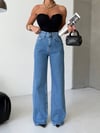Yüksek Bel Paça Püsküllü Geniş Kesim Denim Pantolon – Mavi