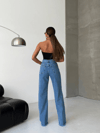 Yüksek Bel Paça Püsküllü Geniş Kesim Denim Pantolon – Mavi