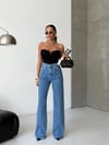 Yüksek Bel Paça Püsküllü Geniş Kesim Denim Pantolon – Mavi