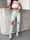 Yüksek Bel Standart Fit Yırtık Pencereli Pamuklu Jean Pantolon
