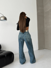 Yüksek Bel Yandan Dikiş Detaylı Geniş Paça Jean