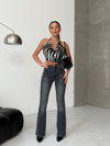 Yüksek Bel Yıkamalı Gri İspanyol Paça Denim Kadın Pantolon