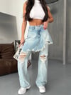 Yüksek Bel Yırtık Detaylı Asimetrik Mini Etek Görünümlü Wide Leg Jean Pantolon