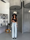 Yüksek Bel Yırtık Detaylı Geniş Paça Denim Pantolon