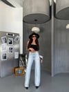 Yüksek Bel Yırtık Detaylı Geniş Paça Denim Pantolon