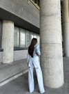 Yüksek Bel Yırtık Detaylı Geniş Paça Denim Pantolon