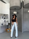 Yüksek Bel Yırtık Detaylı Geniş Paça Denim Pantolon