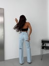 Yüksek Bel Yırtık Detaylı Geniş Paça Jean Pantolon