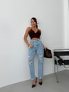 Yüksek Bel Yırtık Detaylı Taş İşlemeli Mom Jean Pantolon